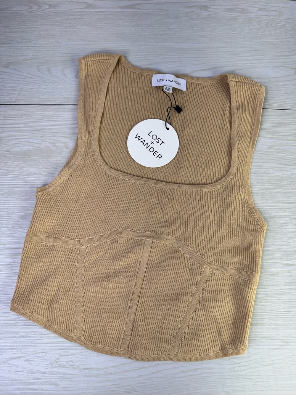 Lost + Wander khaki ribbed square neck crop top with seamed corset detailing S/M